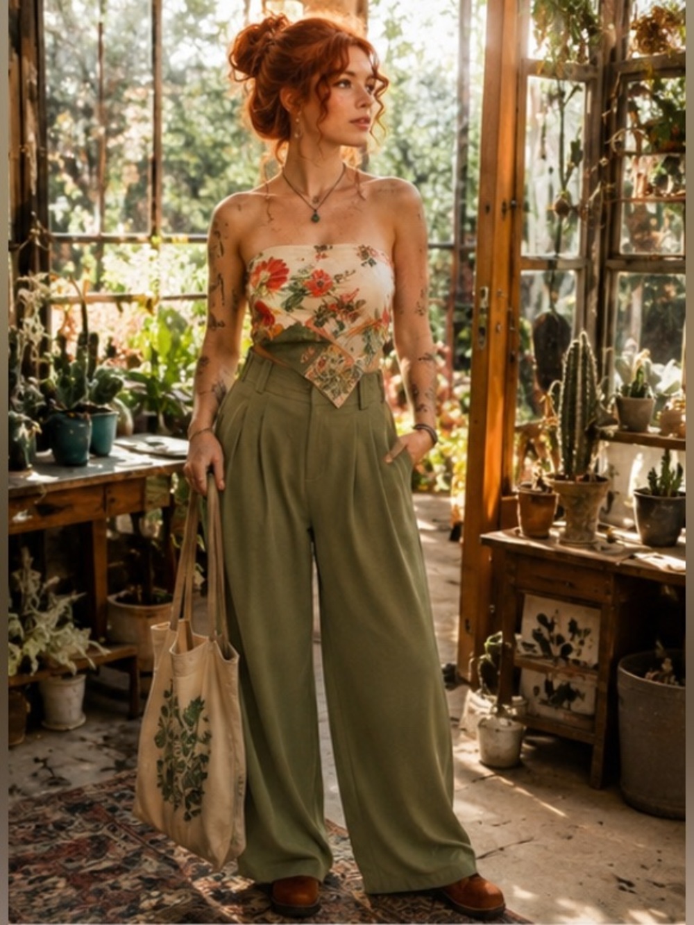 Halara Botanical Boho Cottagecore Artsy Relaxed Chic‎ Pleated Wide-Leg Pants